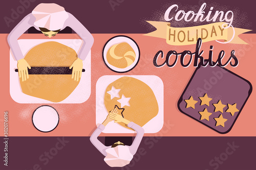 Mom and child cook together. Baking healthy food.  Preparation for the holiday. Prepare festive cookie stars. Family leisure. Can be used for culinary master classes. Vector illustration.