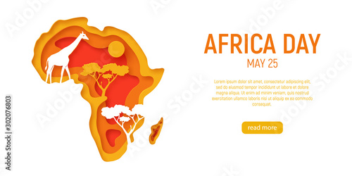 Africa day. Decorative 3d paper cut map of Africa continent with wild animals silhouettes. 3d paper cut eco friendly design. Vector illustration