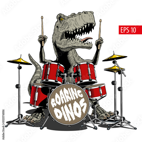 Dinosaur playing drums. Tyrannosaurus or T. rex. Vector illustration.