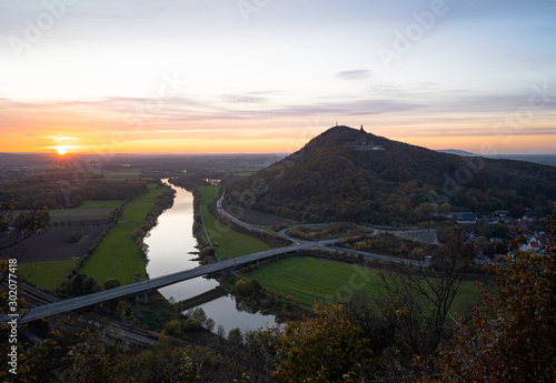 Blick von der Porta Kanzel auf das Weserbergland bei Sonnenuntergang, Porta Westfalica, Deutschland photo