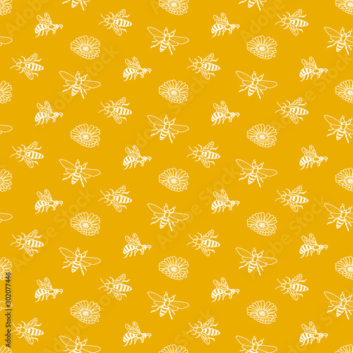 Honey bee and jar products seamless pattern