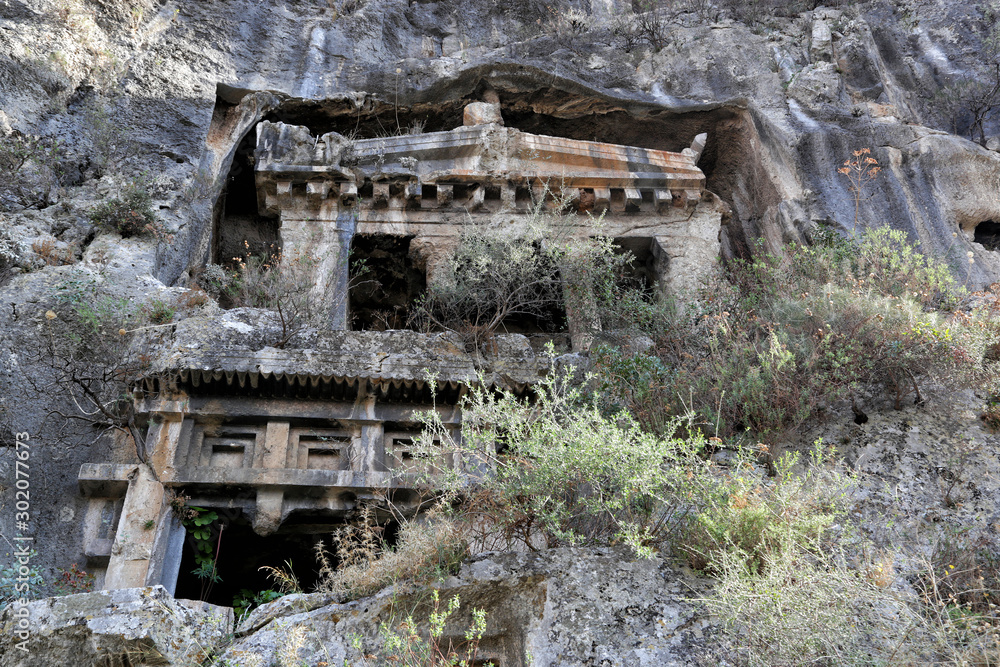 Fethiye, Turkey - 09/28/2019: View of the tombs carved into the rock from the time of the ancient state of Lycia.