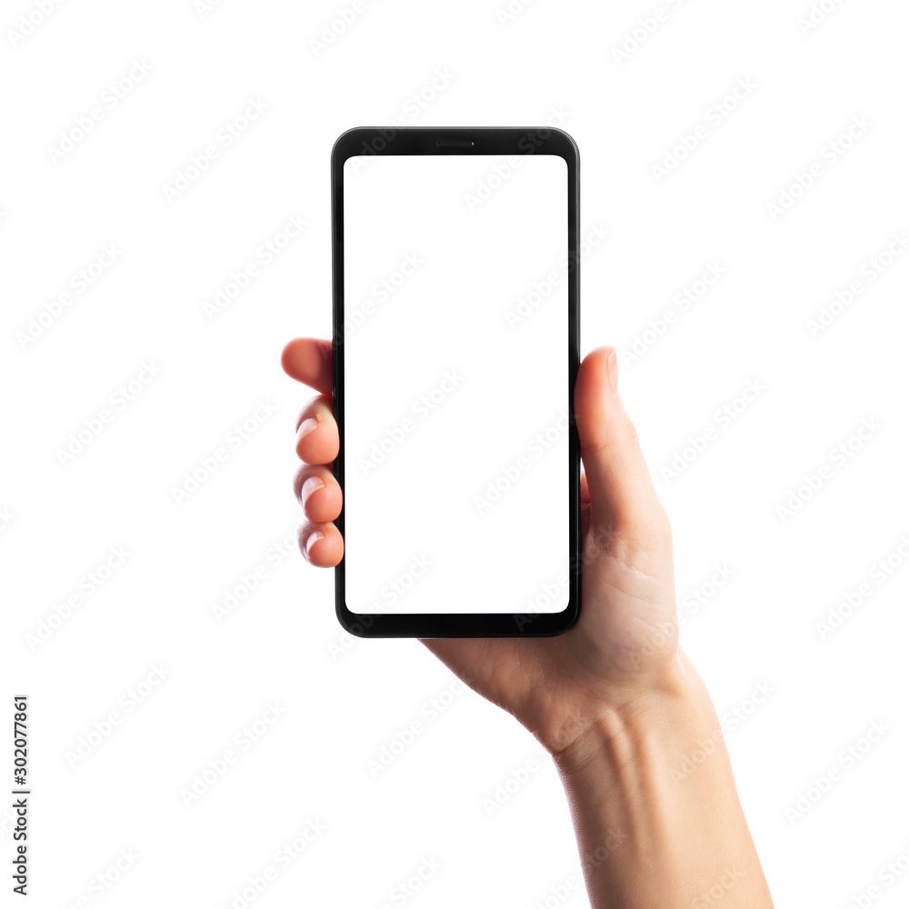 Woman holding smartphone with empty screen isolated on white background, front view. Space for text Woman holding smartphone with empty screen isolated on white background, front view. Space for text