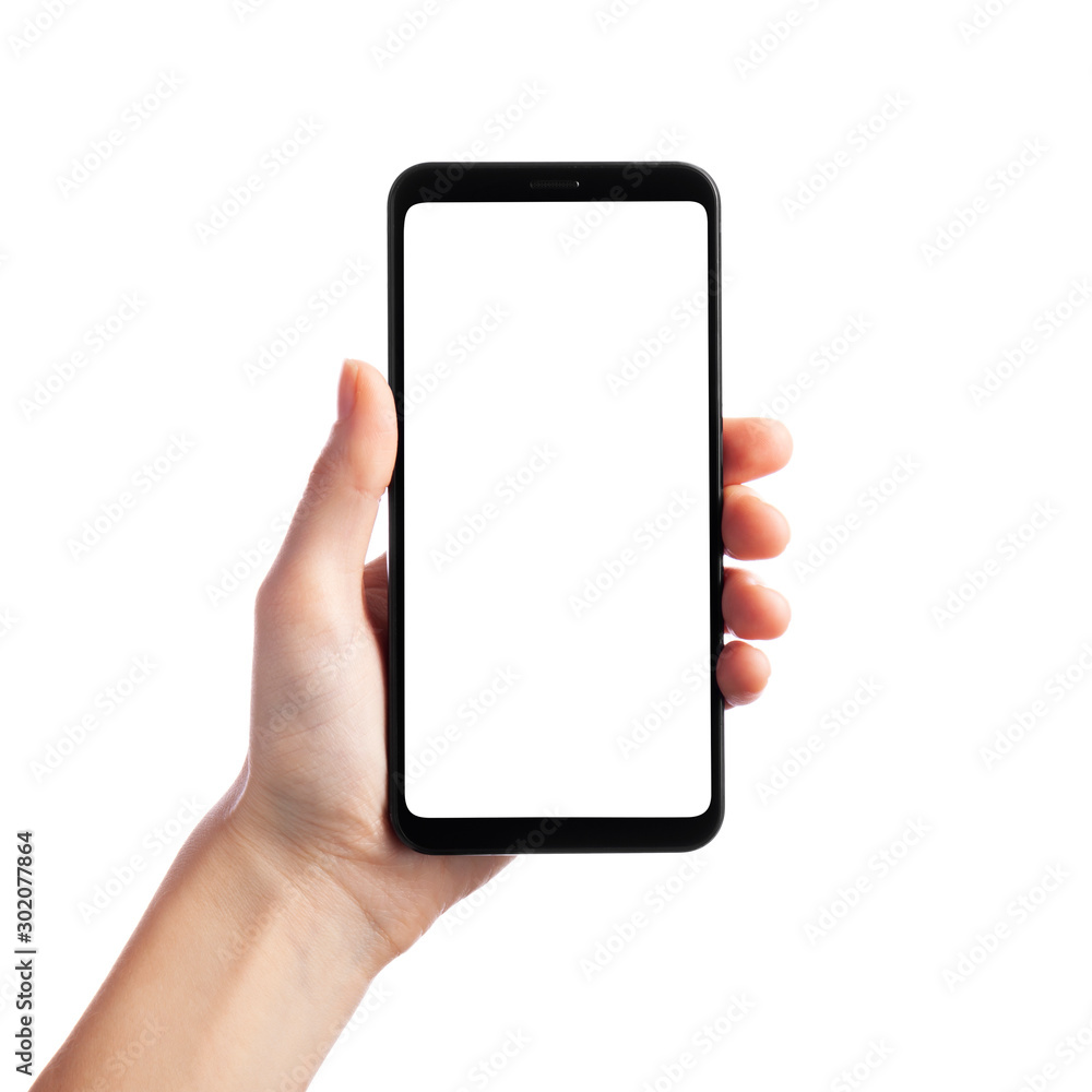 Foto Stock Woman holding smartphone with empty screen isolated on white  background, front view. Space for text | Adobe Stock