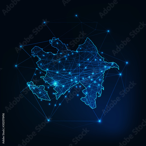 Azerbaijan map glowing silhouette outline made of stars lines dots triangles, low polygonal shapes.