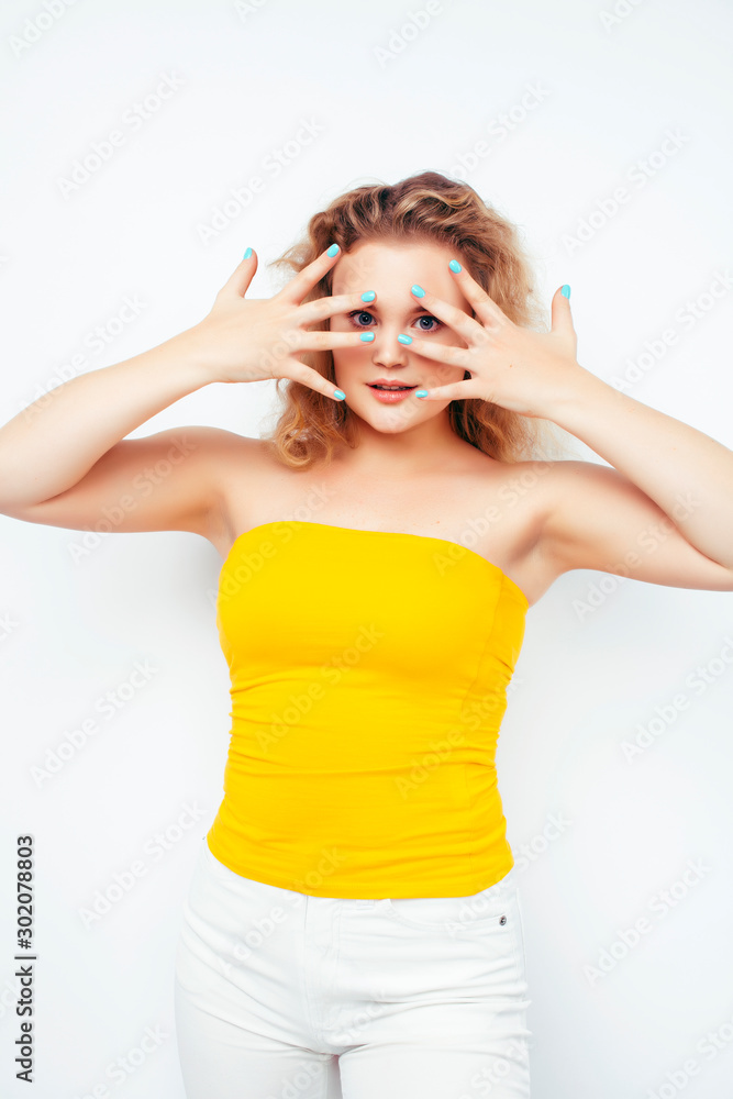young pretty blond girl posing happy smiling on white background isolated, lifestyle people concept young pretty blond girl posing happy smiling on white background isolated, lifestyle people concept