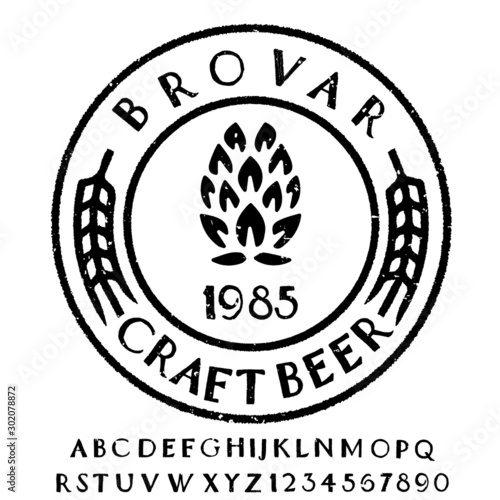 " beer " typeface. Vector hand crafted font in medieval style with hops. Good for posters, alcohol label and festival invitation.Letters and numbers.Vector illustration.