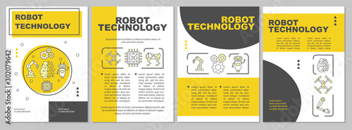 Robot technology brochure template. Futuristic manufacturing. Flyer, booklet, leaflet print, cover design with linear illustrations. Vector page layouts for magazines, reports, advertising posters