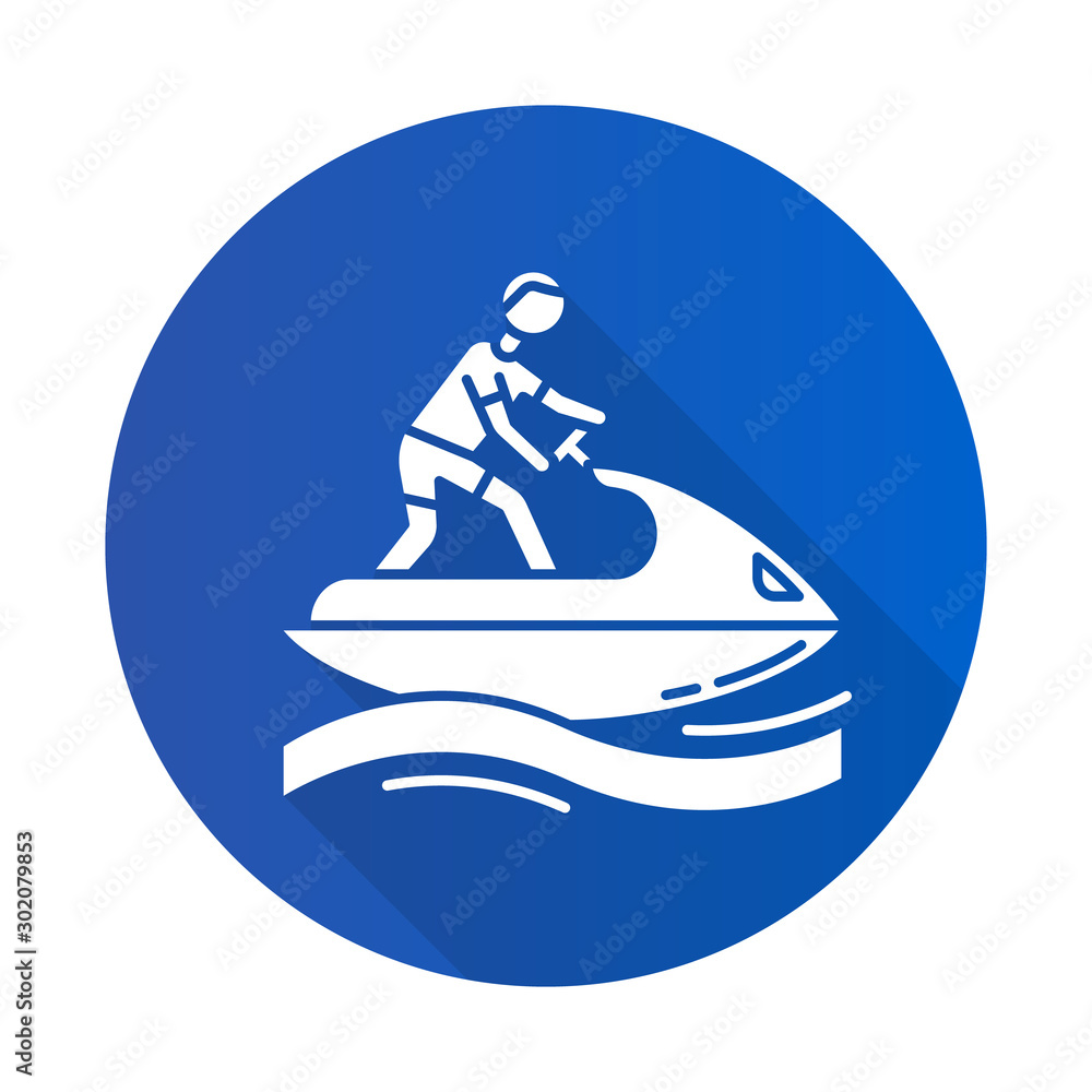 Jetskiing blue flat design long shadow glyph icon. Summer activity. Jet ski riding. Man on water scooter. Watersports, extreme and dangerous kind of sport.Vector silhouette illustration