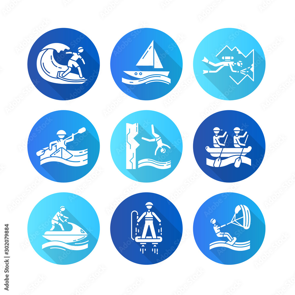 Watersports flat design long shadow glyph icons set. Cave diving, surfing, flyboarding and sailing. Cliff diving, kayaking and windsurfing. Extreme kinds of sports.Vector silhouette illustration Watersports flat design long shadow glyph icons set. Cave diving, surfing, flyboarding and sailing. Cliff diving, kayaking and windsurfing. Extreme kinds of sports.Vector silhouette illustration