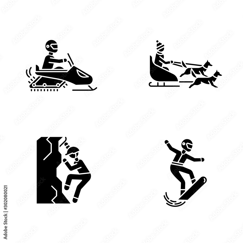 Extreme winter activity glyph icons set. Risky sport, adventure. Cold season outdoor leisure. Snowboarding, ice climbing, snowmobiling and dog sledding. Silhouette symbols. Vector illustration