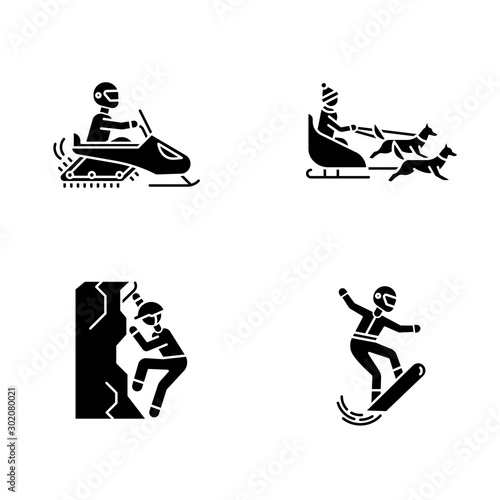 Extreme winter activity glyph icons set. Risky sport, adventure. Cold season outdoor leisure. Snowboarding, ice climbing, snowmobiling and dog sledding. Silhouette symbols. Vector illustration