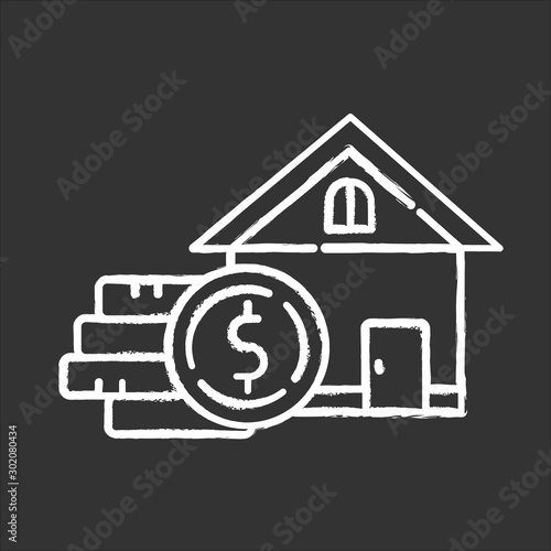 Home equity chalk icon. Credit to buy real estate building. Buying, renting house. Borrow money to purchase apartment. Coin stack. Investment, mortrage. Isolated vector chalkboard illustration