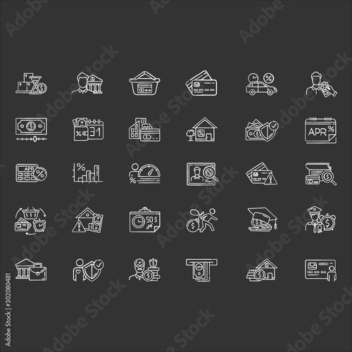 Credit chalk icons set. Student loan. Borrowing from Retirement. Personal creditworthiness. Heavy credit card debt. Home equity loan. APR calculator. Isolated vector chalkboard illustrations