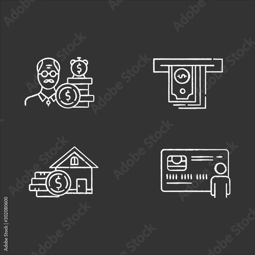 Credit chalk icons set. Borrowing from Retirement. Pension budget ivestment. Real estate. Home equity loan. Cash withdrawal from ATM. Personal credit card. Isolated vector chalkboard illustrations