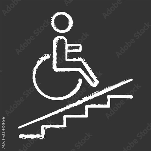 Wheelchair access chalk icon. Accessible to handicap people. Facilities for disabled persons. Wheelchair ramp sign. Apartment amenities. Architectural barriers. Isolated vector chalkboard illustration