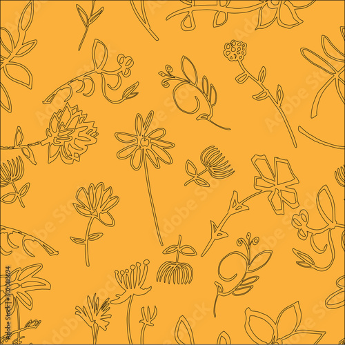 seamless pattern of wildflowers drawn by hand on a yellow background. gift wrapping, wrapping paper. vector