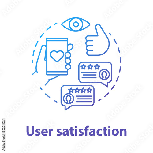 User satisfaction concept icon. App rating. Social media comments and likes. Content sharing idea thin line illustration. Customers positive feedback. Vector isolated outline drawing