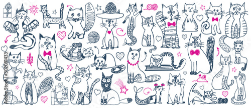 Cat doodle set. Cute sketch animal . Cartoon funny cats collection. Doodle outline kittens with cute faces. Art pattern for kids print, fabric, card. Vector illustration isolated on white background.