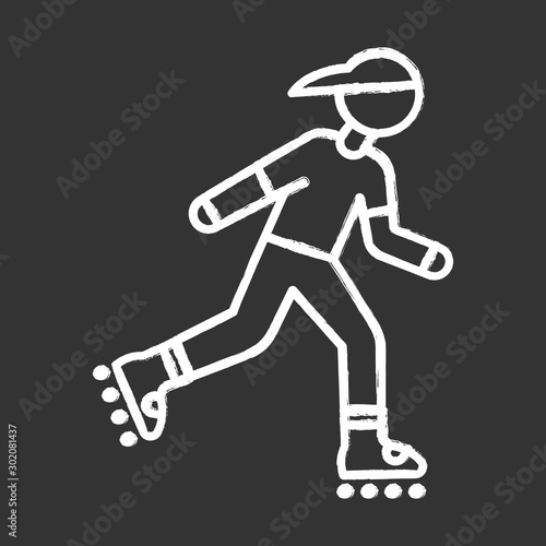 Inline skating chalk icon. Freestyle rollerblading. Fitness skating. Teenager on rollerblades. Person on roller skates. Extreme sport. Isolated vector chalkboard illustration