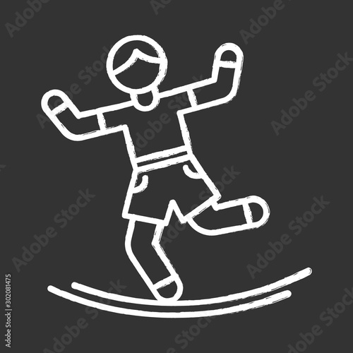 Slacklining chalk icon. Balance training. Slack rope walking. Tightrope walker. Person balancing on suspended webbing. Extreme sport. Isolated vector chalkboard illustration