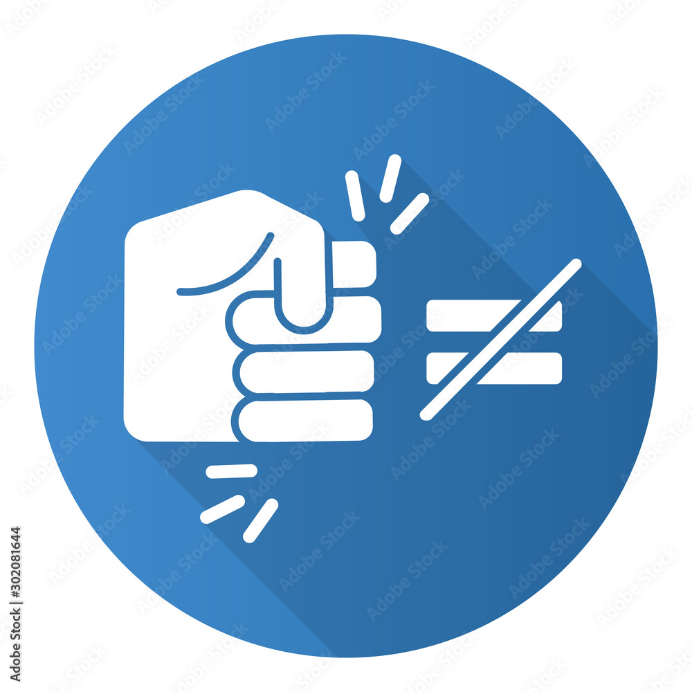 Fight ineaquality blue flat design long shadow glyph icon. Stop abuse, harassment, bullying. Fist punching sign. Toxic relationship. Human rights violation. Vector silhouette illustration Fight ineaquality blue flat design long shadow glyph icon. Stop abuse, harassment, bullying. Fist punching sign. Toxic relationship. Human rights violation. Vector silhouette illustration