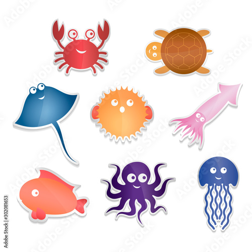 Sea fishes and animals collection - vector illustration.
