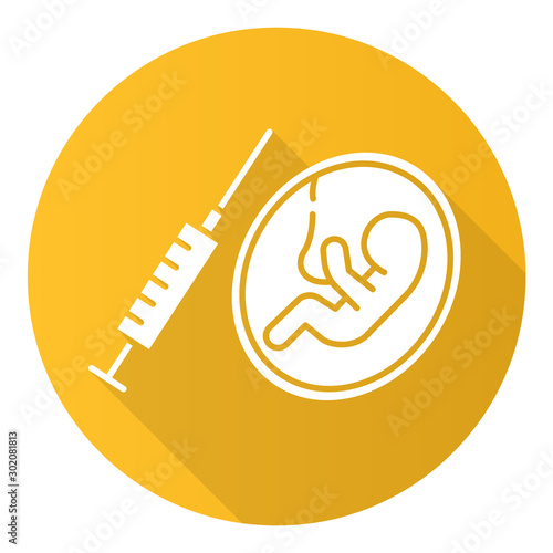 Forced abortion yellow flat design long shadow glyph icon. Unwanted, unplanned, unintended pregnancy. Baby in mother womb. Birth control. Surgical, medical procedure. Vector silhouette illustration