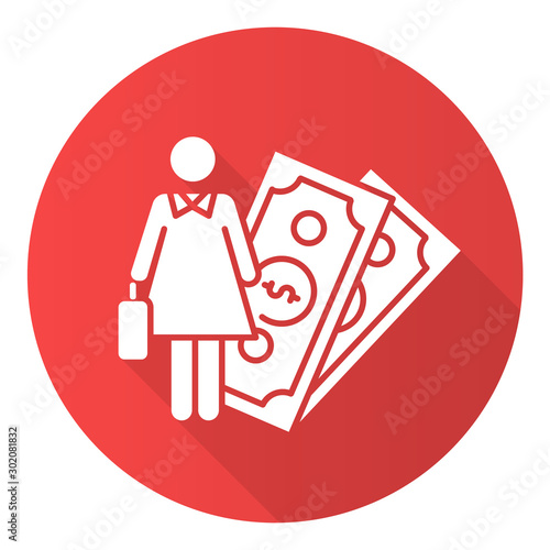 Female economic red flat design long shadow glyph icon. Woman rights, gender equality. Female finance career. Successful businesswoman. Feminism, democracy. Vector silhouette illustration