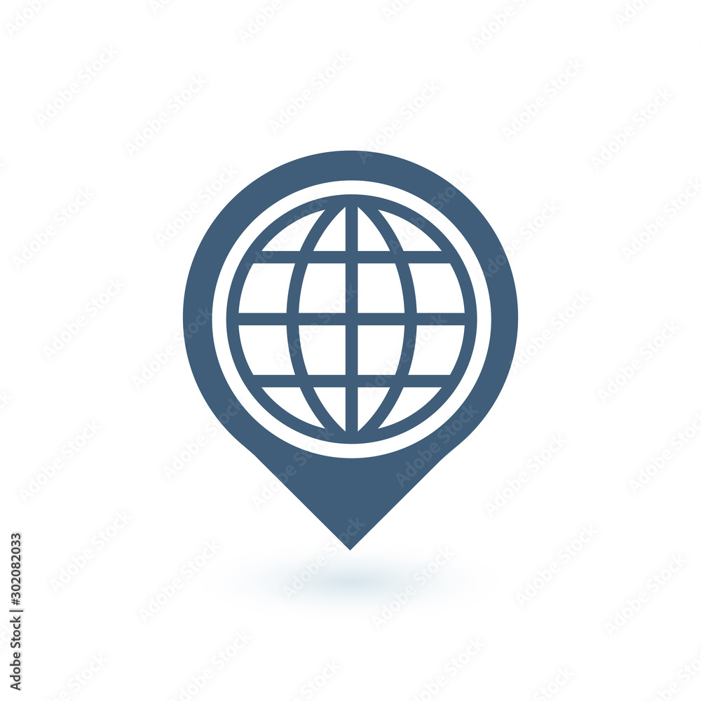 Map pointer with earth globe icon. Wireless world wifi Earth broadband symbol of worldwide internet access. Stock Vector illustration isolated on white background. Map pointer with earth globe icon. Wireless world wifi Earth broadband symbol of worldwide internet access. Stock Vector illustration isolated on white background.