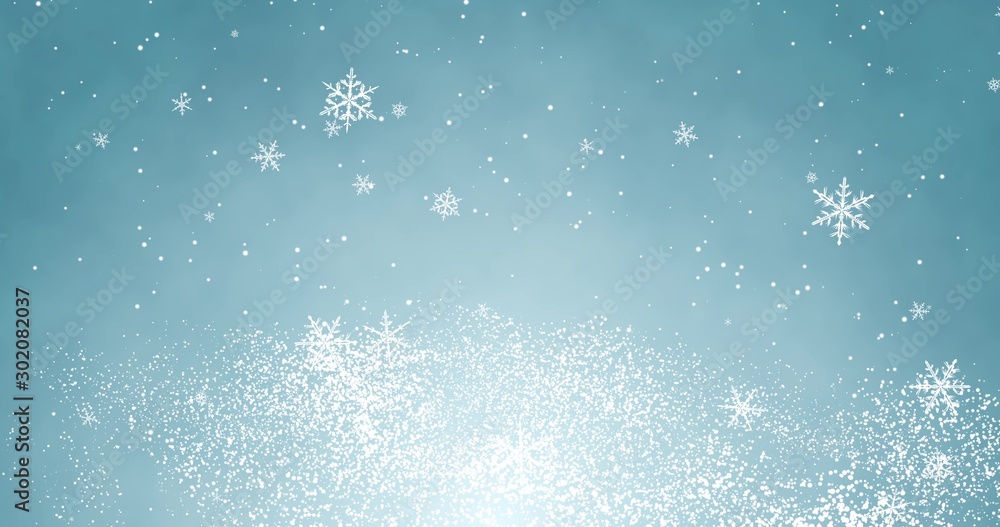 Snowflakes and bokeh lights on the blue Merry Christmas background. 3D render