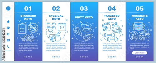 Types of keto diets blue onboarding mobile web pages vector template. Responsive smartphone website interface idea with linear illustrations. Webpage walkthrough step screens. Color concept