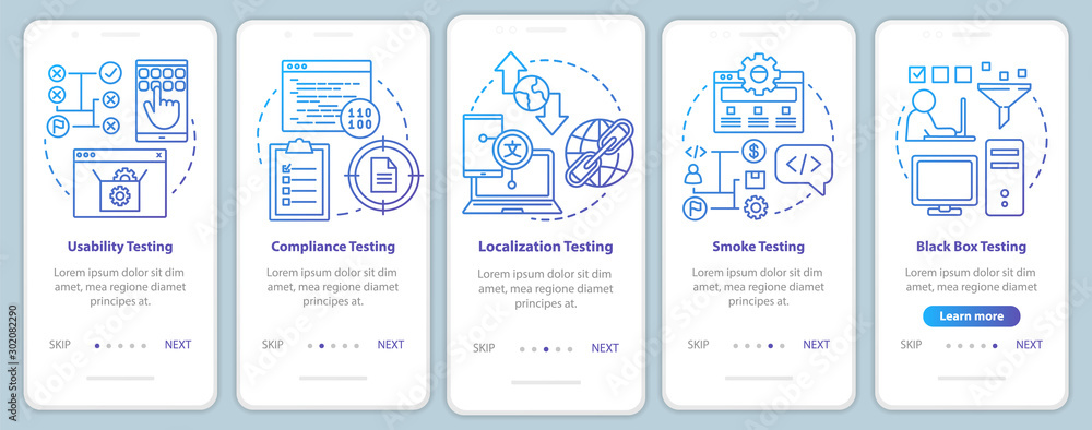Non-functional software testing onboarding mobile app page screen vector template. Usability analysis. Walkthrough website steps with linear illustrations. UX, UI, GUI smartphone interface concept
