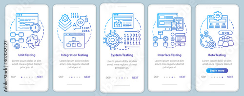 Functional software testing onboarding mobile app page screen vector template. Progam usability analysis. Walkthrough website steps with linear illustrations. UX, UI, GUI smartphone interface concept photo
