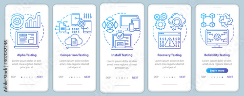 Software performance testing onboarding mobile app page screen vector template. Program quality control. Walkthrough website steps with linear illustrations. UX, UI, GUI smartphone interface concept