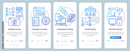 Non-functional software testing onboarding mobile app page screen vector template. Usability analysis. Walkthrough website steps with linear illustrations. UX, UI, GUI smartphone interface concept