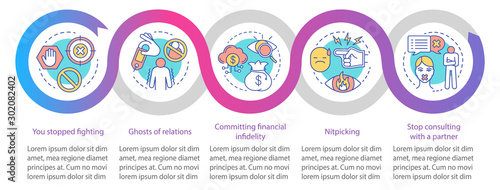 Trouble relationships sign vector infographic template. Business presentation design elements. Data visualization with five steps and options. Process timeline chart. Workflow layout with linear icons