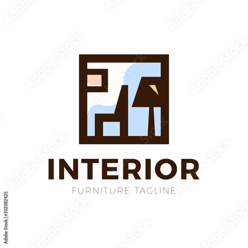 furniture interior logo with chair and old lamp hipster vintage retro vector icon illustration