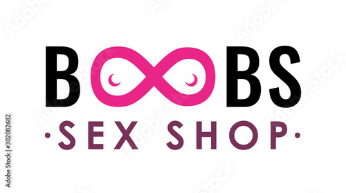 Sex Shop logo for Adult Store. Boobs - text symbol with Female breast. Erotic Emblem design pink color isolated on white.