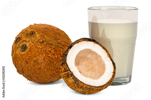 Glass of coconut water with coconut fruits, 3D rendering