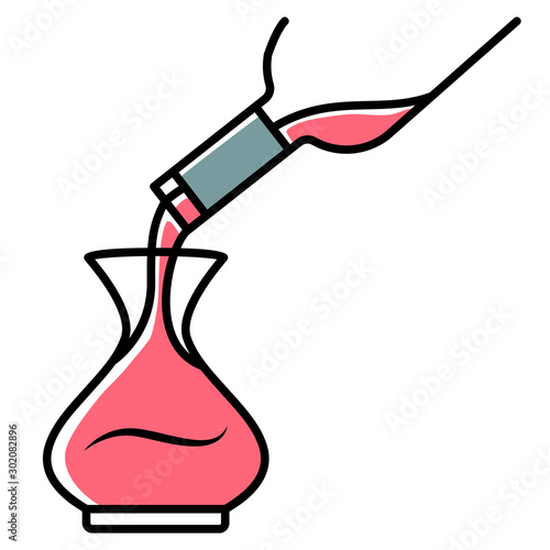 Dessert wine decantering pink color icon. Alcohol beverage pouring in decanter. Aperitif drink bottle. Barman, sommelier, winery. Bar, restaurant. Party, celebration. Isolated vector illustration