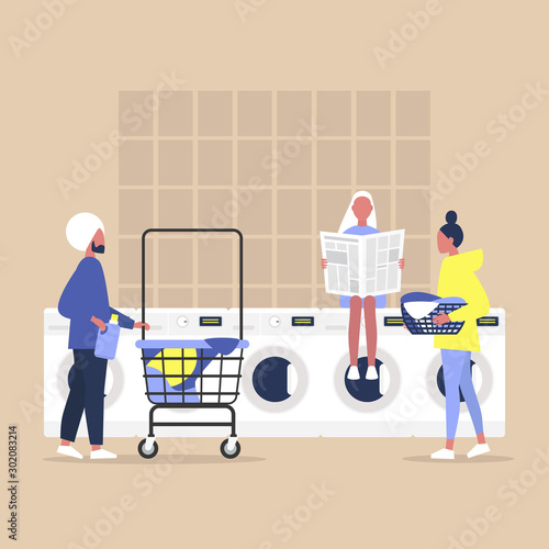 Coin laundry, a group of characters washing, drying and folding their clothes, daily routine