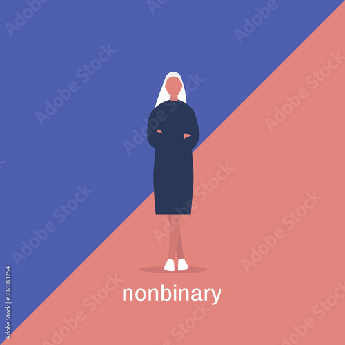 Nonbinary identity, young character standing with crossed arms, lgbtq community and human rights
