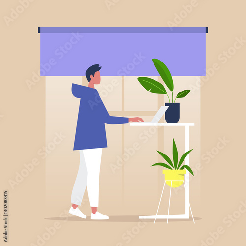 Office furniture, male standing character working at the adjustable desk, millennial lifestyle