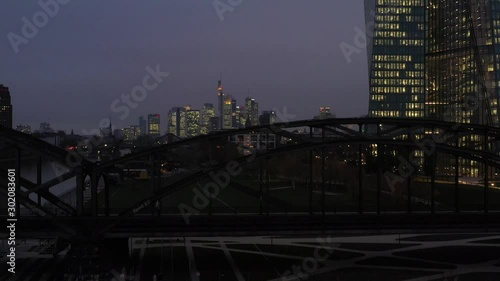 Aerial view with 4k shooting drone in Frankfurt am Main in the evening. 11.11.2019 Frankfurt am Main, Germany.