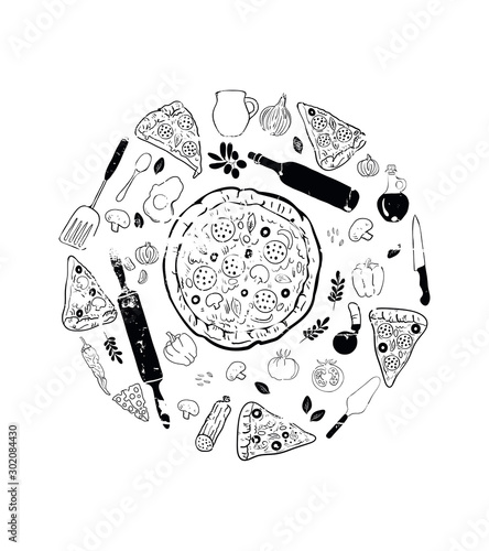 Pizza background for menu, cards, blogs, banners. Vector illustration.