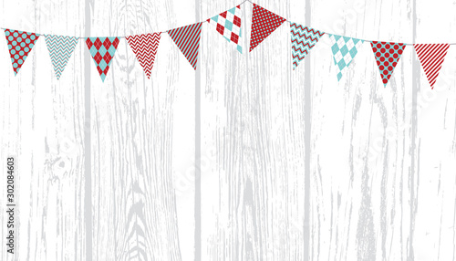 Christmas Aqua Blue and Red Bunting on Weathered White Wood Planks Vector Background. Triangle Flags Garland Backdrop with Copy Space.