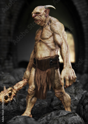 Portrait of a evil troll with spiked club, patrolling under a bridge. 3d rendering