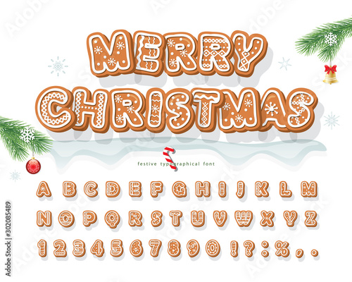 Christmas Gingerbread Cookie font. Bisquit traditional decorative alphabet. Hand drawn cartoon colorful letters, numbers and symbols for holidays design. Vector