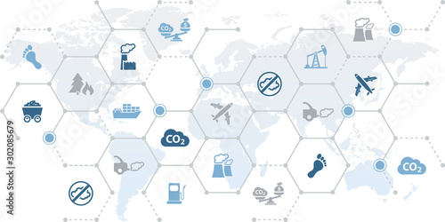 CO2 icon concept: carbon dioxide emissions / pollution: symbols on world map – vector illustration